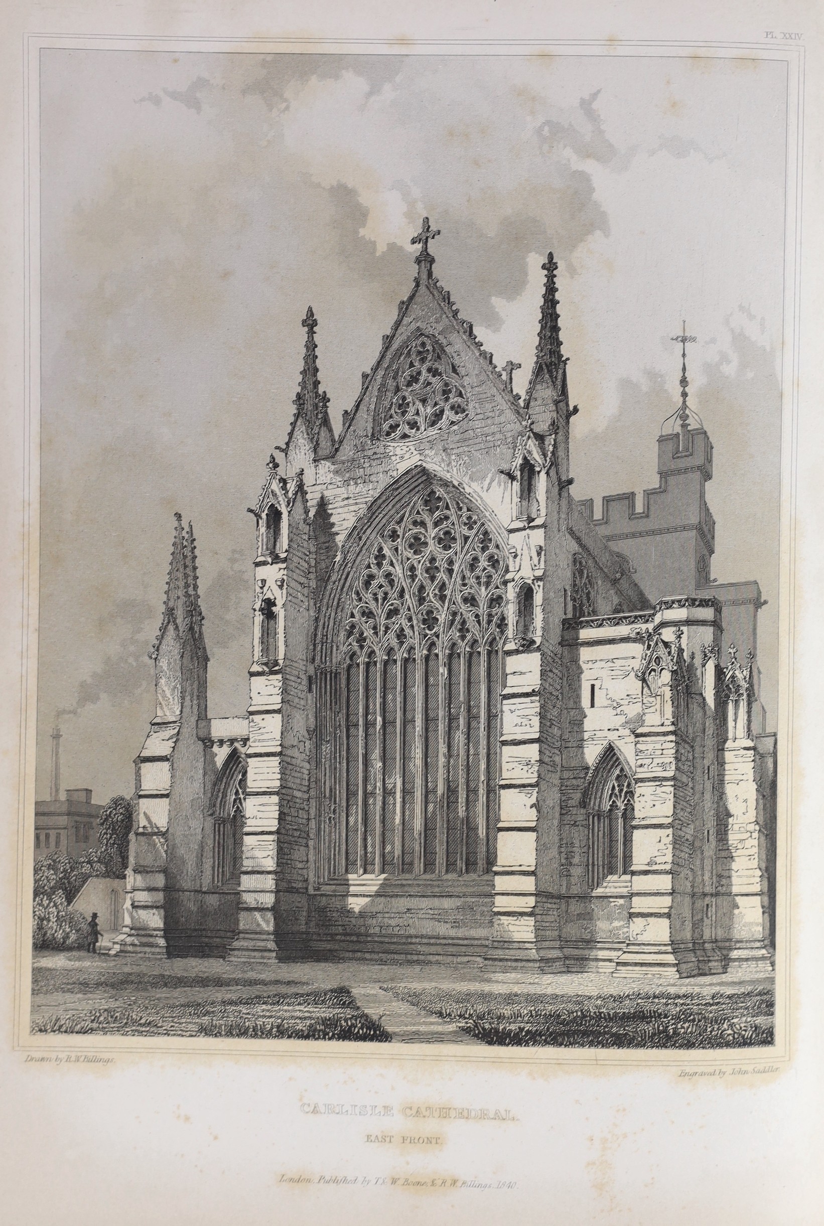 CARLISLE - Billings, Robert William - Architectural Illustrations. History and Description of Carlisle Cathedral, 1st edition, 4to, contemporary half morocco, with engraved frontis, title and 44 plates, Thomas and Willia